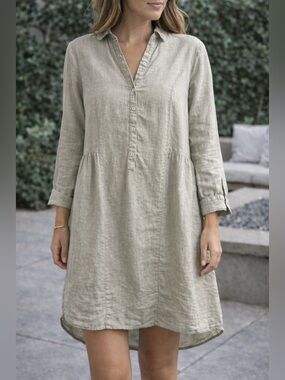 Halston Linen Shirt Dress Tunic Beige Long Sleeve Size M